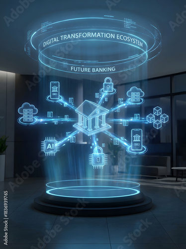 Futuristic digital banking hologram ecosystem with blue neon interface