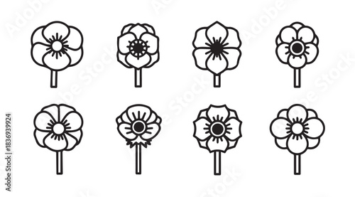 Collection of eight stylized floral emblems featuring simple petal designs and stem details vector