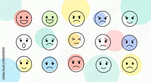 Diverse emotion emoticons representing a range of human feelings and expressions in line art