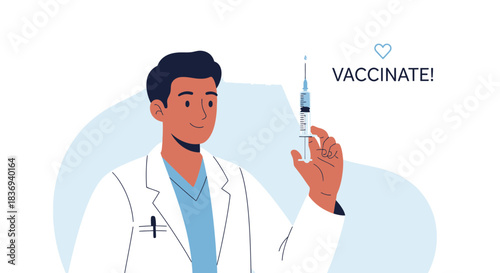 Doctor holding syringe promoting vaccination encourages health safety and prevention