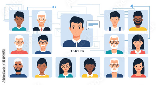 Diverse online education community featuring a teacher and multiple students icons