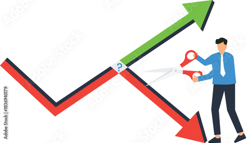 Businessman cutting downward trend arrow a business strategy for cutting losses risk management and financial growth concept with strategic choice and market analysis