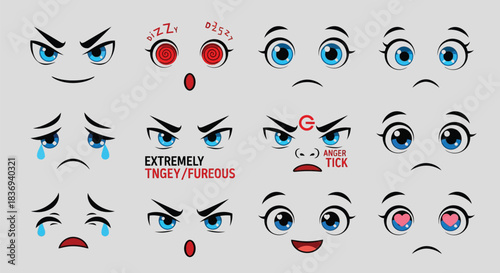 Cartoon faces with various emotions and expressions