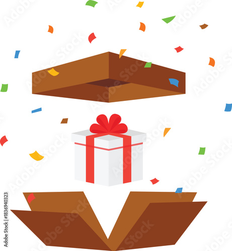 Gift box surprise inside an open cardboard box with falling confetti. Celebration concept for a birthday present, holiday gift, special occasion, festive event, unboxing moment, and prize winning.