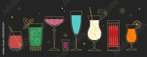 Set of line art retro cocktails or champagne glasses isolated on black background. Vector illustration
