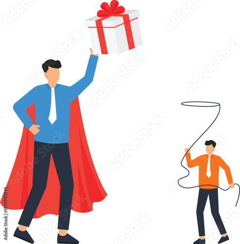 Businessman superhero holding gift box concept of business competition and customer reward market leader winning prize loyalty program special offer corporate bonus unfair advantage