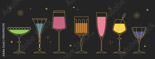 Set of line art retro cocktails or champagne glasses isolated on black background. Vector illustration