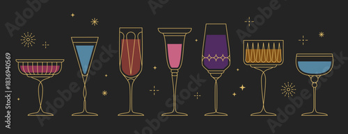 Set of line art retro cocktails or champagne glasses isolated on black background. Vector illustration