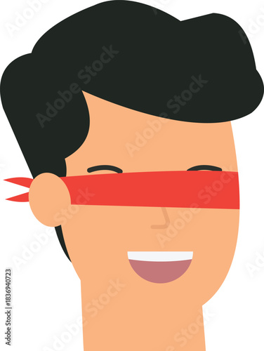 Man with red blindfold smiling, a happy character icon. Flat design representing trust concept, risk taking, hidden identity, and censorship symbol.
