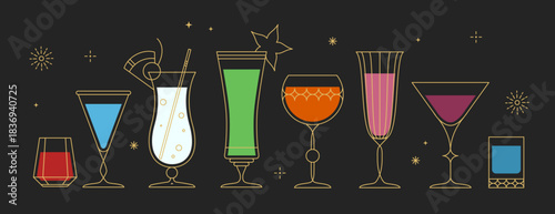 Set of line art retro cocktails or champagne glasses isolated on black background. Vector illustration