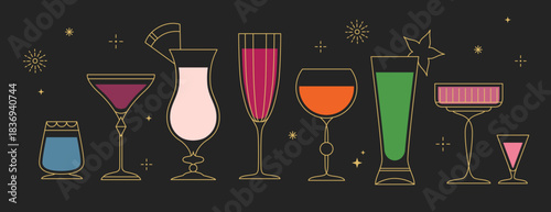 Set of line art retro cocktails or champagne glasses isolated on black background. Vector illustration