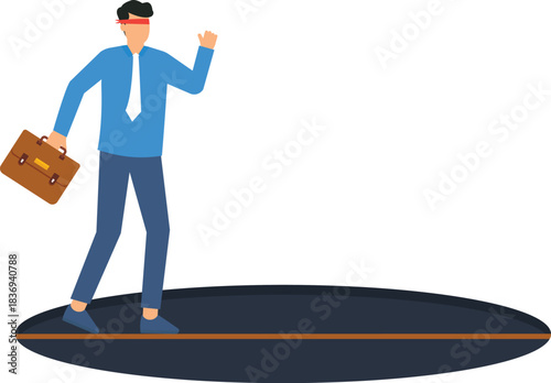 Blindfolded businessman walking tightrope business risk concept financial uncertainty career challenge. Man facing obstacle danger crisis carrying briefcase corporate investment risk.