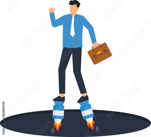 Businessman with rocket boots launching from hole career growth startup boost business success innovation concept technology advancement escaping challenge moving up