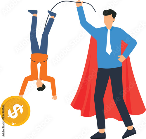 Superhero businessman financial rescue investment support corporate hero helping man reach money gold coin venture capital business funding economic aid startup investment