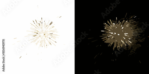 Two contrasting firework bursts one bright one dark side by side