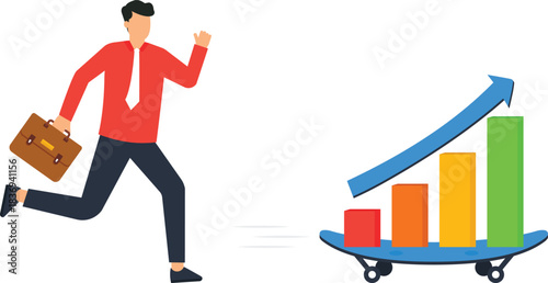 Businessman running with briefcase chasing growth chart on skateboard for business success career progression financial data market analysis investment return fast growth