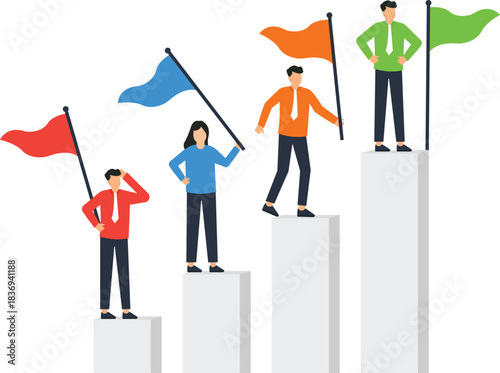 Business people on performance chart showing career growth and team achievement. Corporate ladder success concept for reaching goals, business milestones, and company progress.