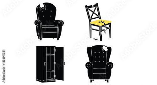Damaged furniture with broken chairs and cabinet