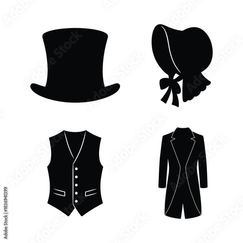 Vintage Victorian Clothing Silhouettes Top Hat Bonnet Vest Tailcoat Keywords: vintage, victorian, clothing, fashion