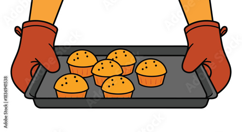 Baker presenting freshly baked muffins on tray