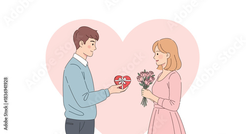 Romantic Illustration of Young Couple Exchanging Gifts with Heart Background for Valentine's Day