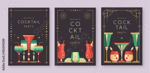Set of holiday Christmas and New Year cocktails and champagne glasses. Vector illustration