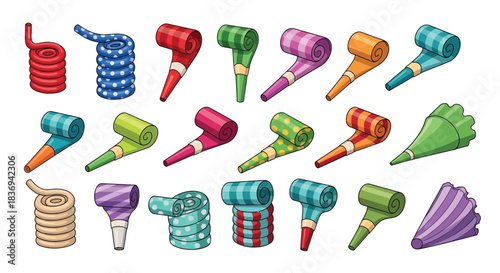 Vibrant party horns in various colors and patterns