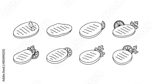 Hand drawn collection of delicious grilled meat steaks with seasoning and herbs on white vector