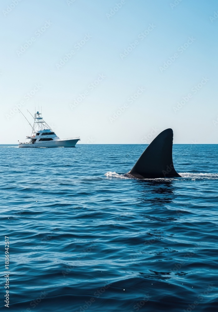 Fototapeta premium Wild bottlenose dolphins are swimming and jumping in the blue ocean water