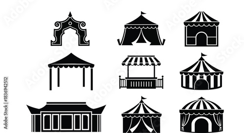 Black silhouettes of various tents and pavilions