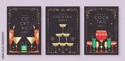 Set of holiday Christmas and New Year cocktails and champagne glasses. Vector illustration