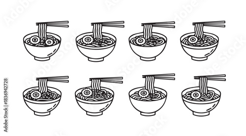 Eight step sequence of hand drawn noodles being picked up with chopsticks from bowl vector