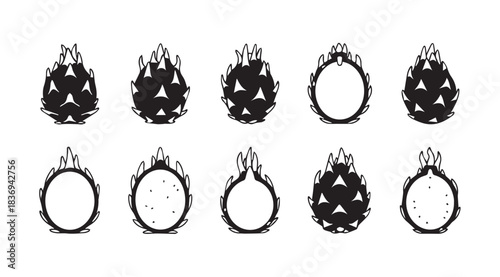 Ten ripe dragon fruits whole and halved isolated on vector