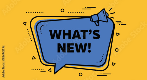 Vibrant What's New announcement with megaphone on yellow background