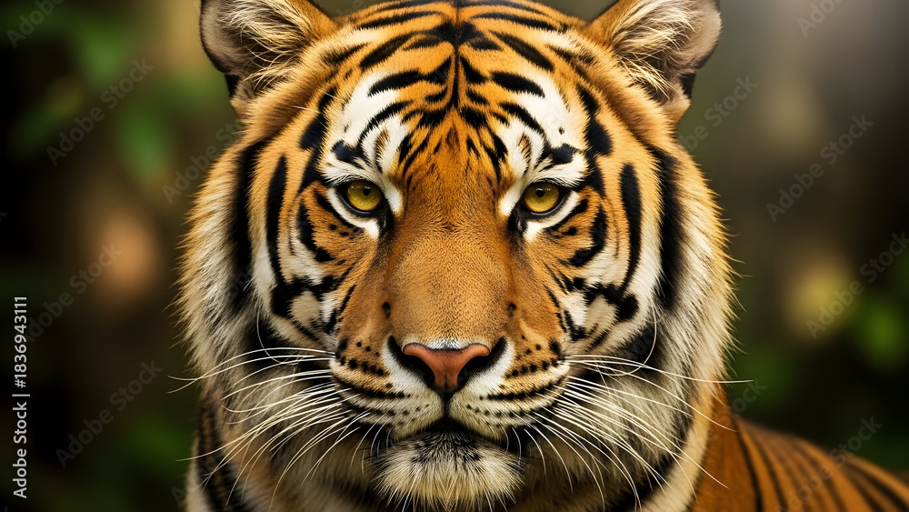 Fototapeta premium International Tiger Day Illustration Featuring Majestic Tiger Portrait, Depicting Wildlife Strength, Beauty, Conservation Awareness, Natural Habitat, and Regal Presence in the Jungle