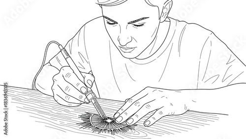 Pyrography artist creating design on wood