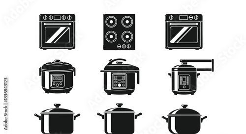 Kitchen appliances and cookware icons in black and white