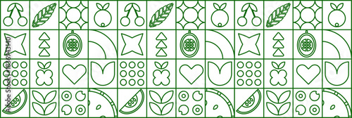Fruit and vegetable mosaic with bauhaus geometric line for organic background.