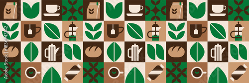 Bakery pattern with tea teapot tumbler and leaf mosaic.