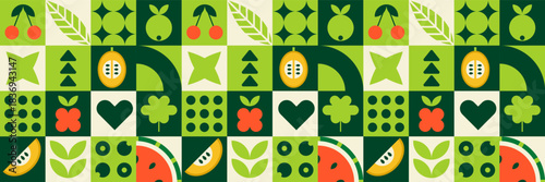 Geometric fruit mosaic pattern with abstract melon raspberry apple food watermelon cherry.