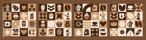 Set cafe pattern featuring  geometric coffee and tea bakery mosaic artwork.