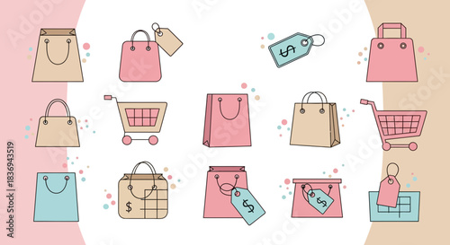 Shopping themed vector illustration featuring bags, carts, and price tags suitable for marketing