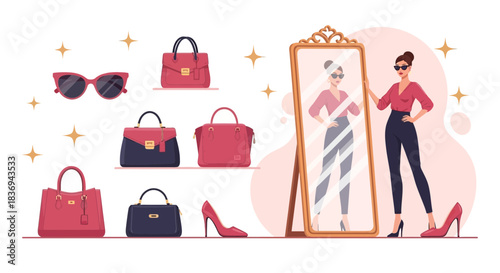 Stylish woman admires her reflection surrounded by fashion accessories and designer items