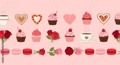 Sweet Valentine's Day Treats and Romance Pattern with Cupcakes, Roses, and Macarons