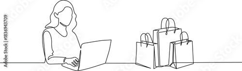 Continuous line art of woman shopping online with laptop and numerous bags Vector
