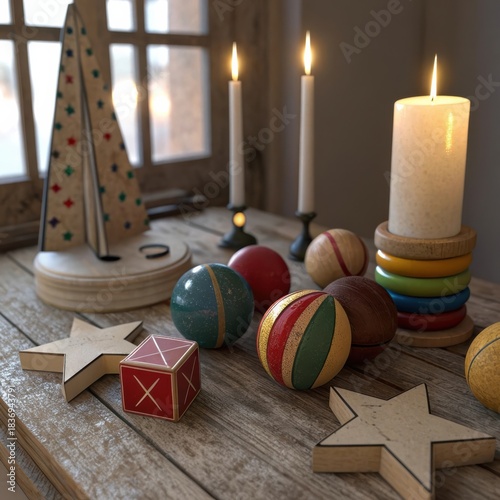 Vintage toys and candles on a wooden table, nostalgic atmosphere, warm lighting, copy space