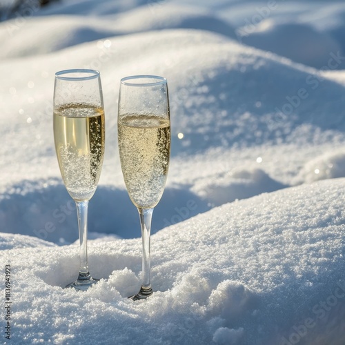 Champagne glasses in fresh snow, celebratory mood, elegant winter setting, copy space