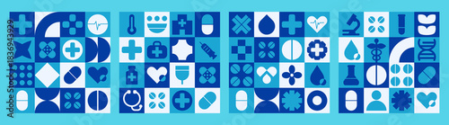 Set hospital mosaic pattern with science and medical day geometric elements.