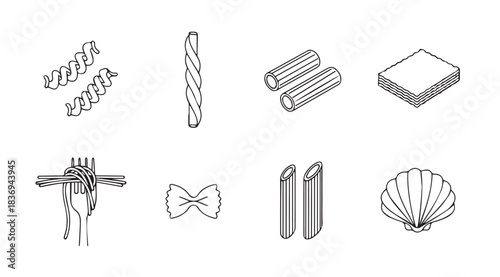 Various hand drawn italian pasta shapes isolated line art food elements for culinary design vector