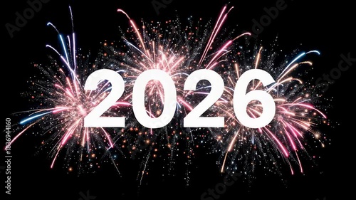 Stunning dynamic fireworks celebration exploding across the night sky welcoming the exciting new year 2026 arrival
